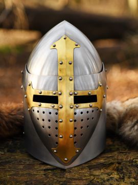 Pot helmet with hinged visor polished