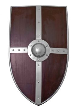 large wooden shield in the shape of a coat of arms