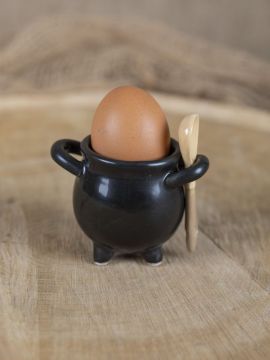 Egg cup witch's cauldron with broom spoon