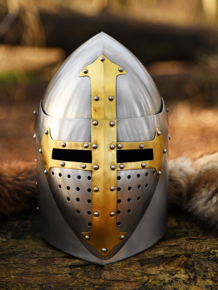 Pot helmet with hinged visor polished