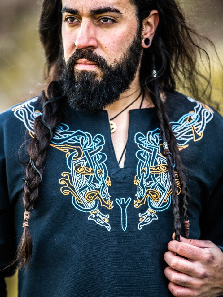 Viking tunic Snorri with embroidery blue-yellow 2