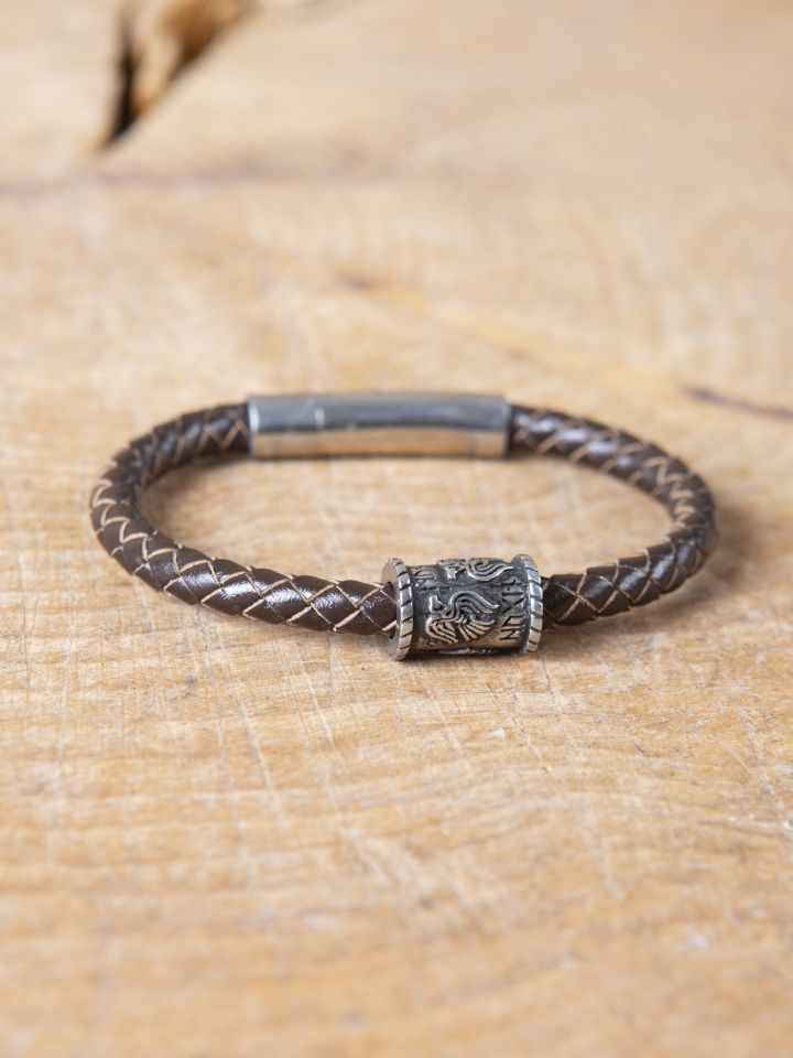 Brown leather bracelet with "Odin's ravens" Viking bead small 2