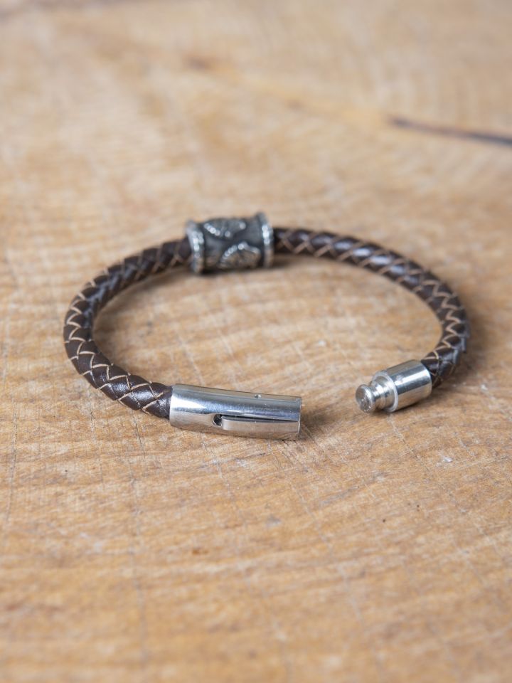 Brown leather bracelet with "Odin's ravens" Viking bead small 3